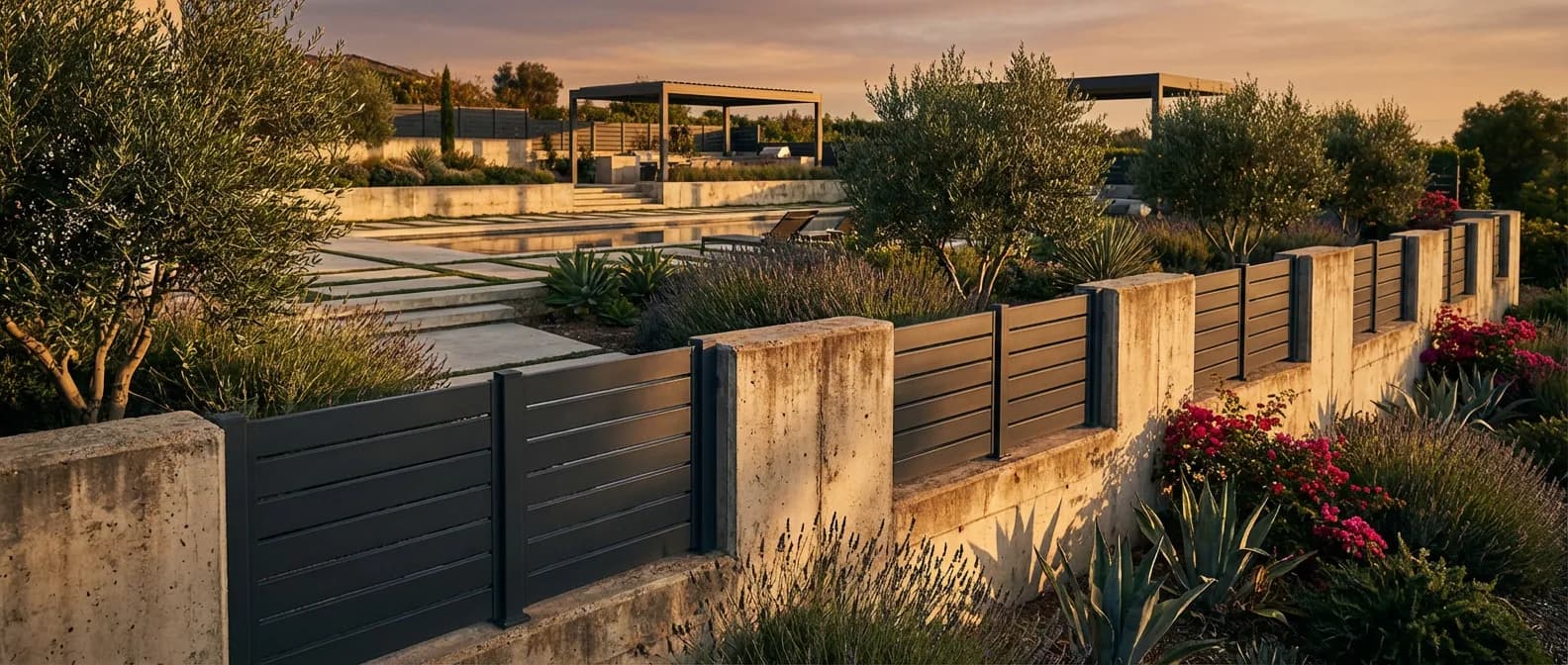 Installation de grillage rigide haut de gamme sur des poteaux en béton existants dans un jardin paysager au coucher du soleil.