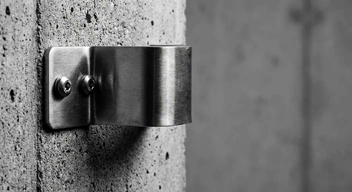 Détail d'un support de fixation métallique pour clôture sur béton.