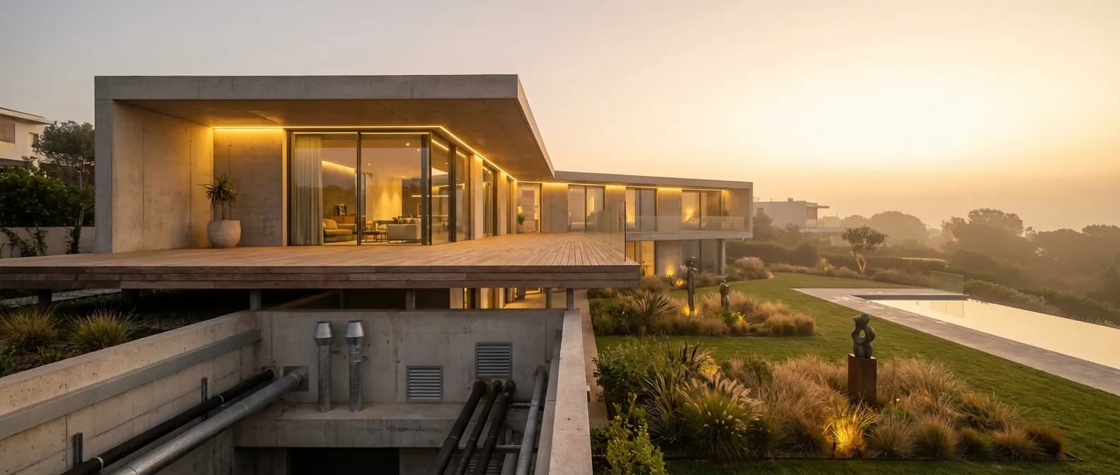 Vue panoramique d'une terrasse moderne haut de gamme construite sur vide sanitaire au coucher du soleil