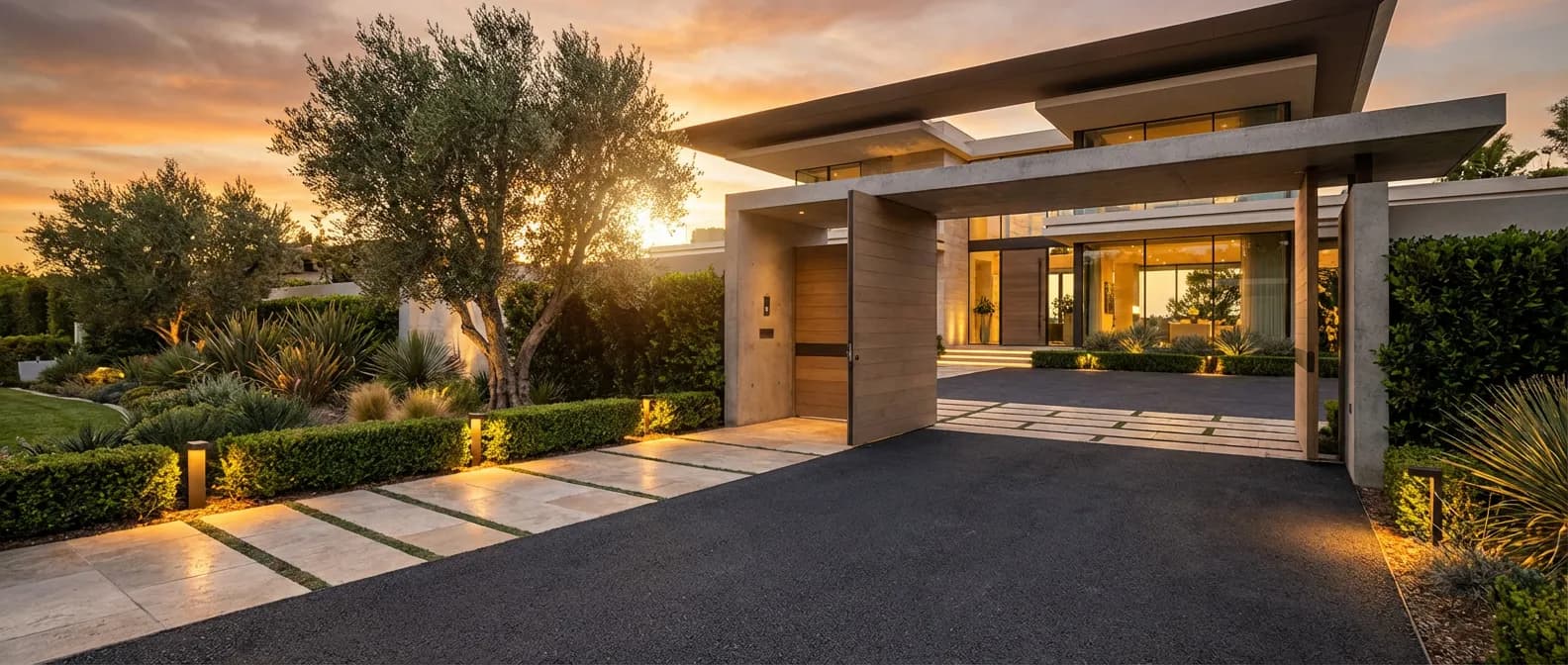 Entrée de villa luxueuse comparant un enrobé noir lisse et un pavage en pierre naturelle sous une lumière de coucher de soleil