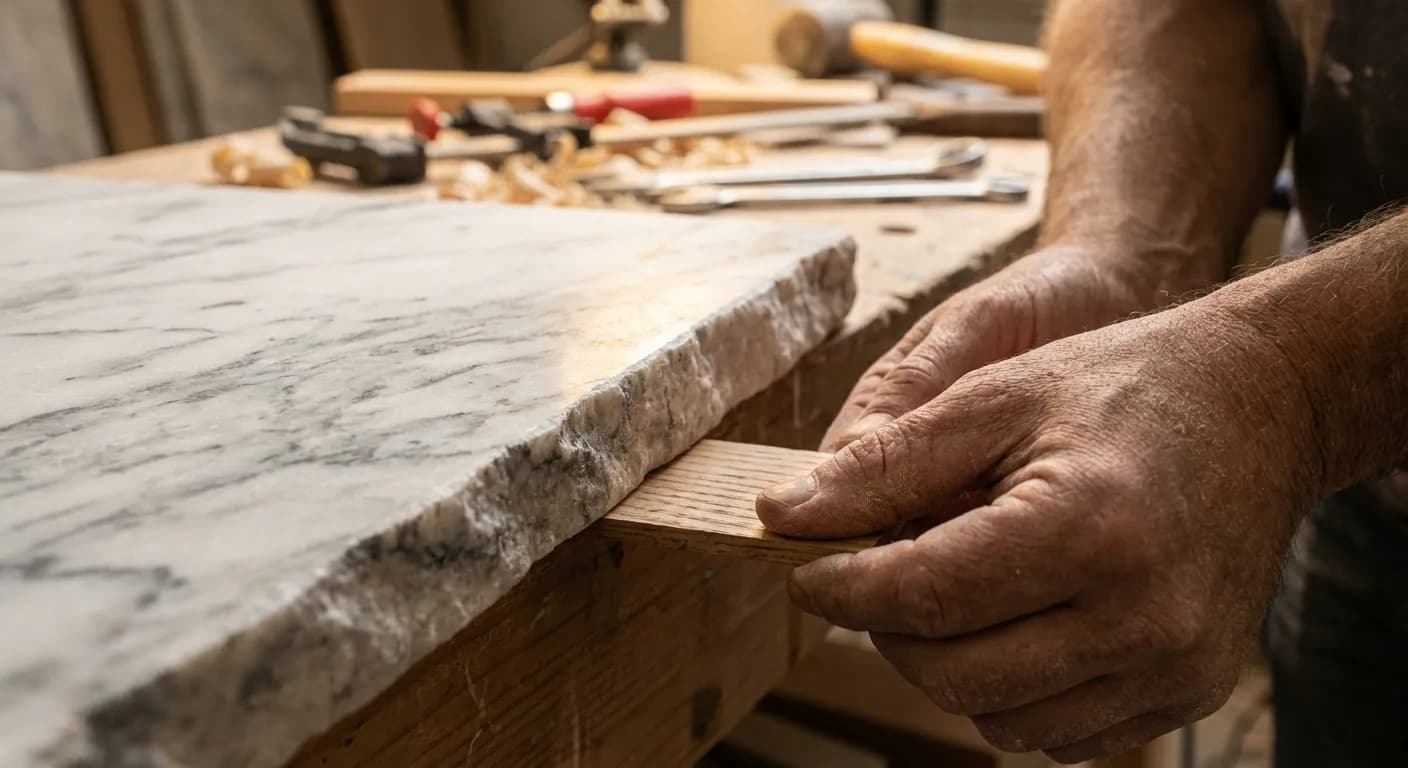 Gros plan des mains d'un artisan installant une cale de rehausse sous un plan de travail