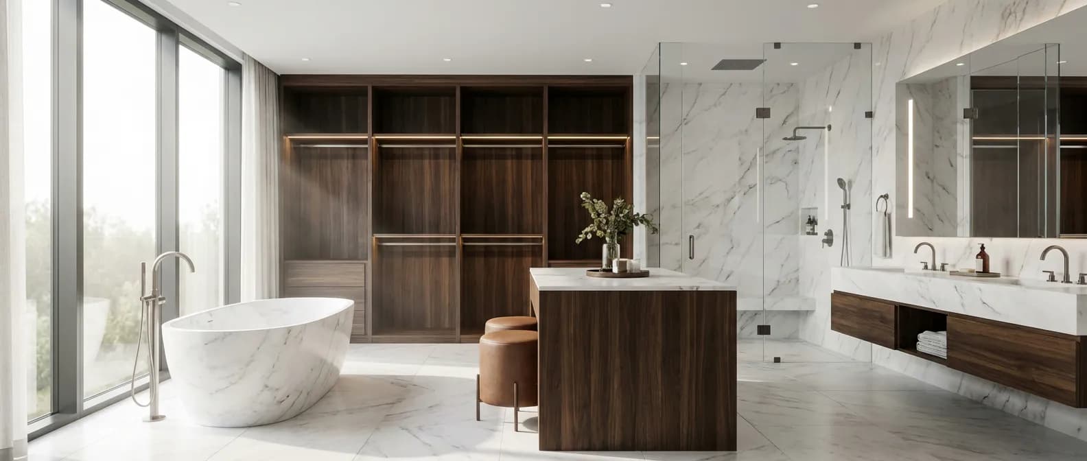 Vue panoramique d'un aménagement luxueux combinant dressing et salle de bain haut de gamme avec marbre et bois précieux