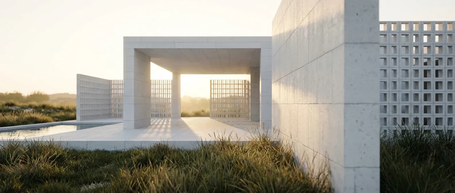 Chantier de construction moderne en béton cellulaire sous une lumière cinématographique