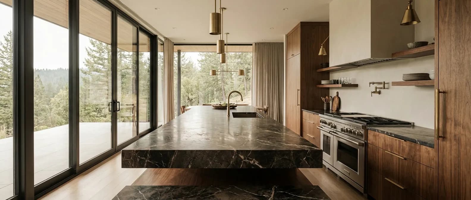 Cuisine moderne luxueuse avec un plan de travail en pierre surélevé baigné de lumière naturelle