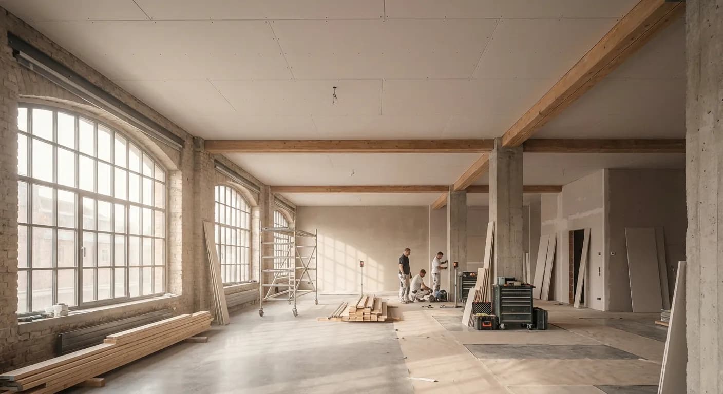 Installation de plaques de plâtre au plafond dans un intérieur moderne de luxe