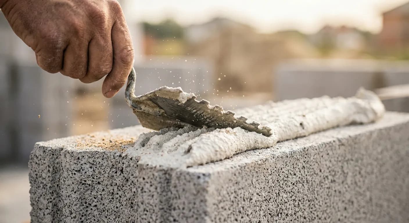 Gros plan sur l'application du mortier-colle sur un bloc de béton cellulaire