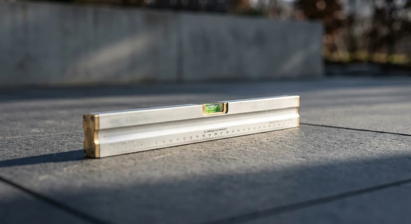 Gros plan d'un niveau à bulle sur une terrasse en pierre, symbolisant la précision de construction