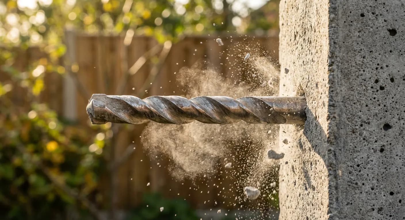 Action de perçage précis dans un poteau en béton pour installer une fixation de clôture.