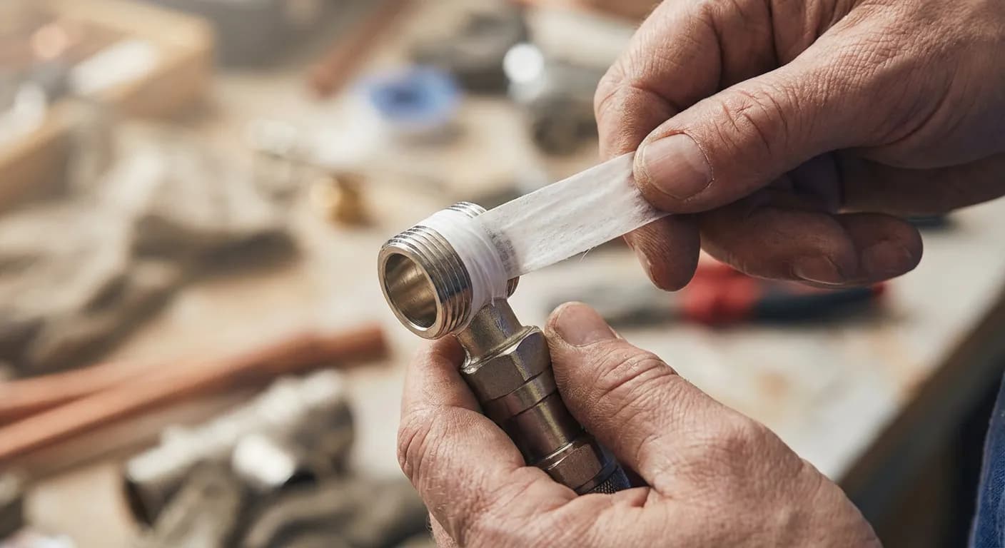 Technique d'étanchéité au Téflon Gros plan sur l'application de ruban Téflon pour assurer l'étanchéité d'un raccord