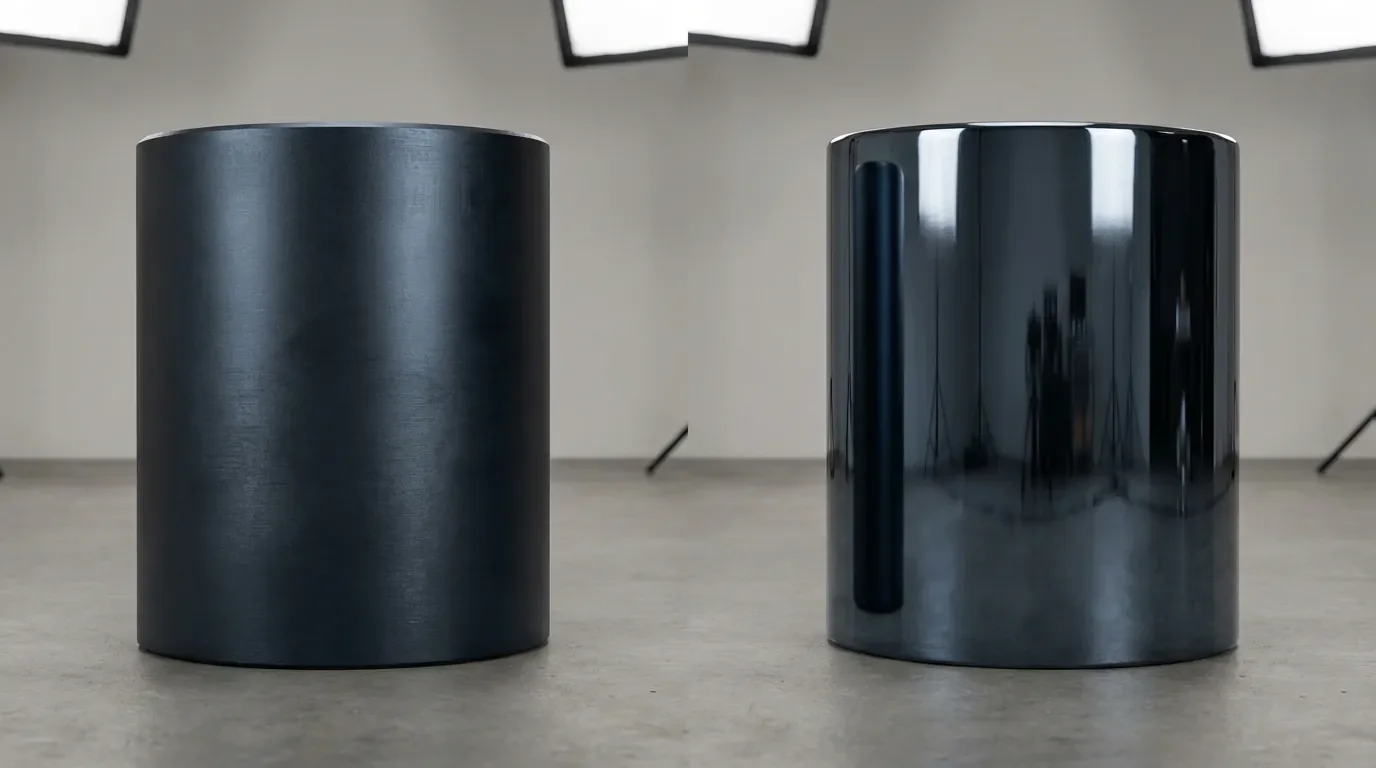 Comparatif visuel d'une peinture bleu canon en finition mate versus brillante.