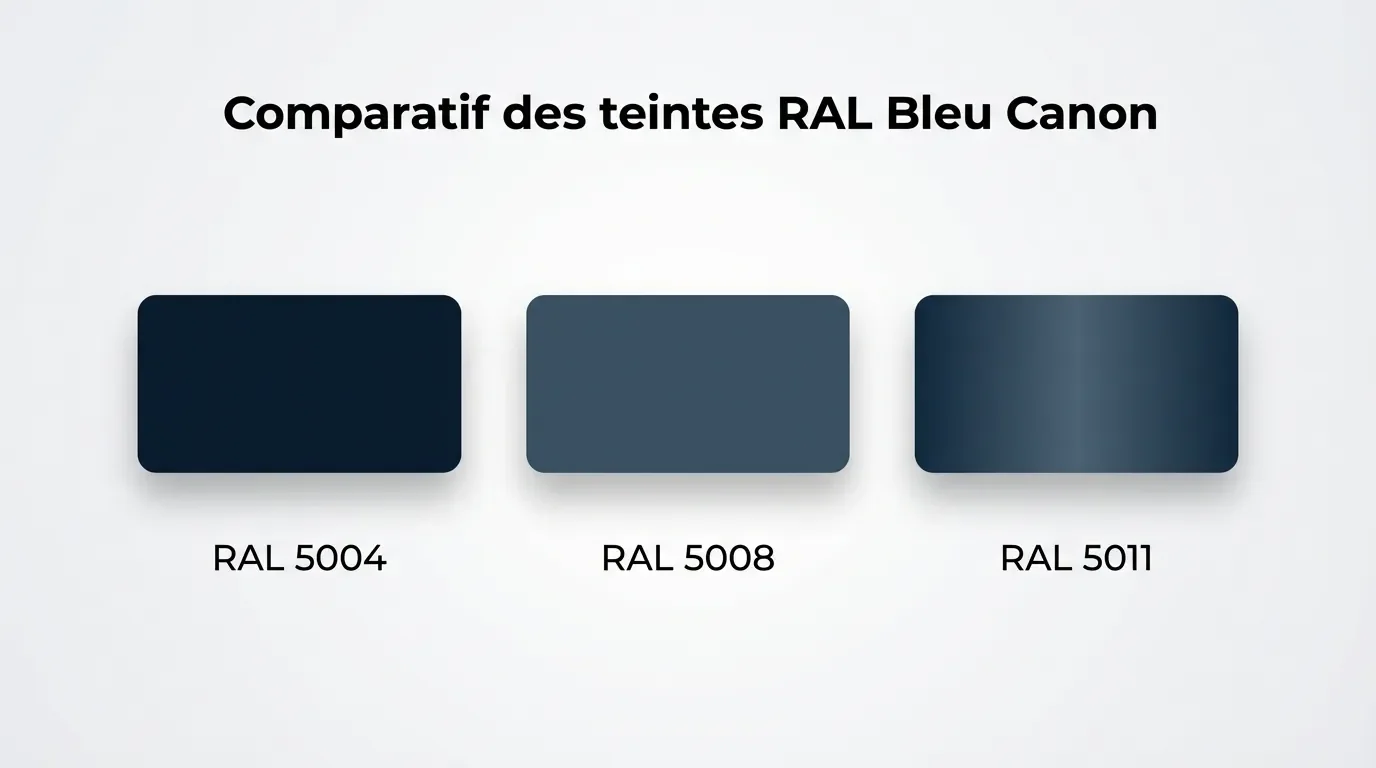 Infographie comparant les teintes RAL 5004, 5008 et 5011 pour le bleu canon.