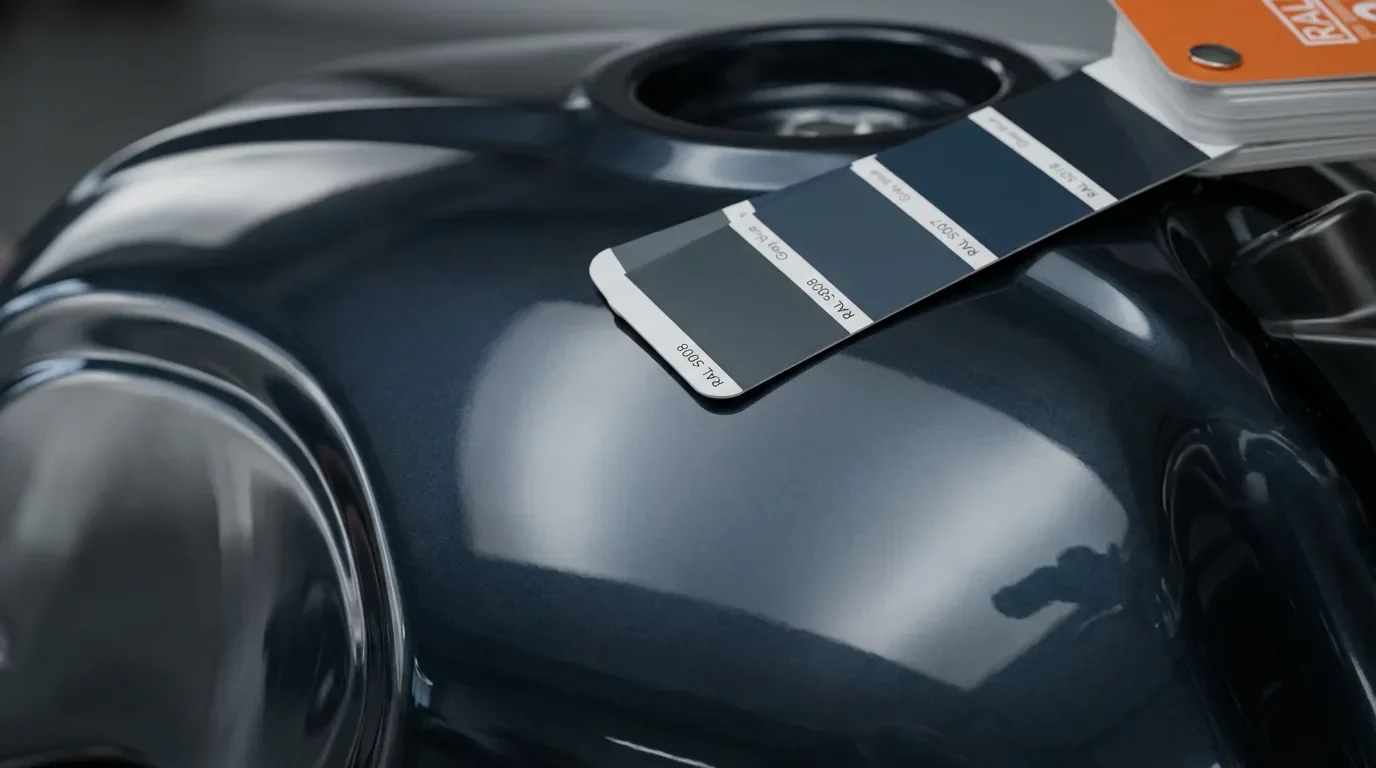 Photo macro d'une pièce métallique bleu canon avec un nuancier RAL pour comparaison.