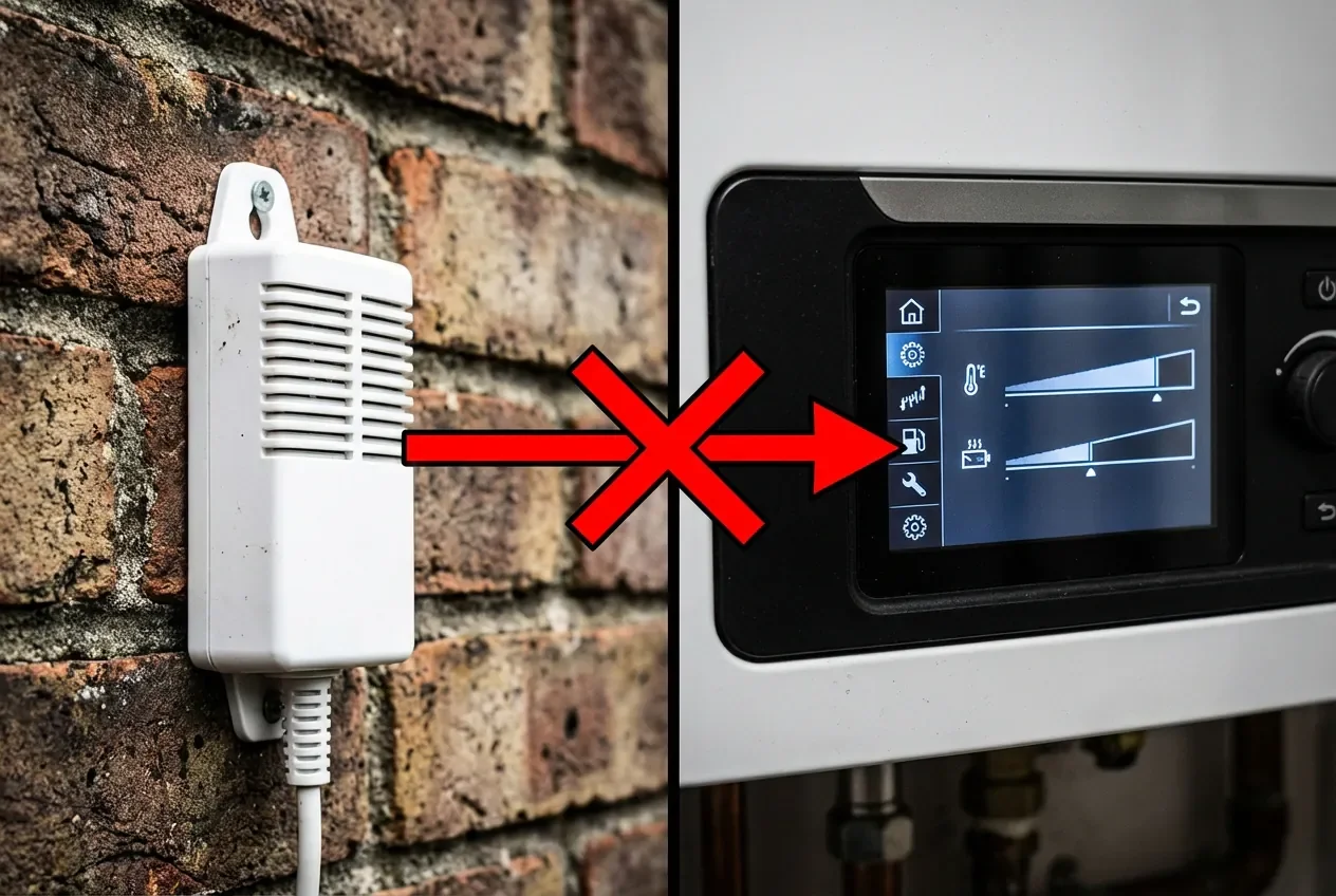 Comment désactiver sonde extérieure chaudière : Guide - Désactivez votre sonde de chaudière : Guide Sécurisé - Sonde extérieure HS ? La méthode pour la désactiver Miniature montrant une sonde extérieure et un écran de chaudière avec une croix de désactivation.