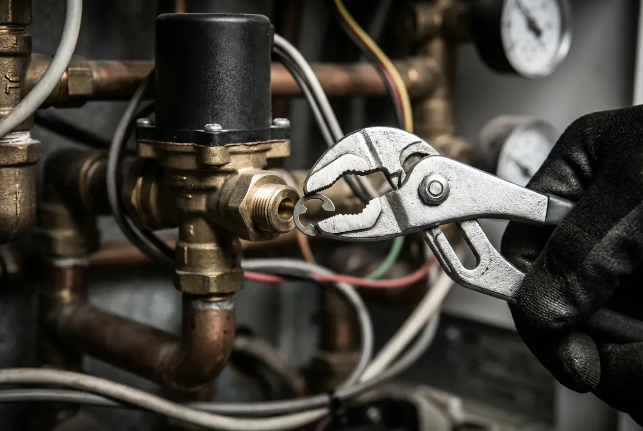 Débloquer vanne 3 voies chaudière : Guide 2026 - Réparer sa vanne 3 voies : Tuto express 5 min - Vanne 3 voies bloquée ? Le tuto pour la dégripper Main utilisant une pince pour retirer le clip du moteur de vanne.