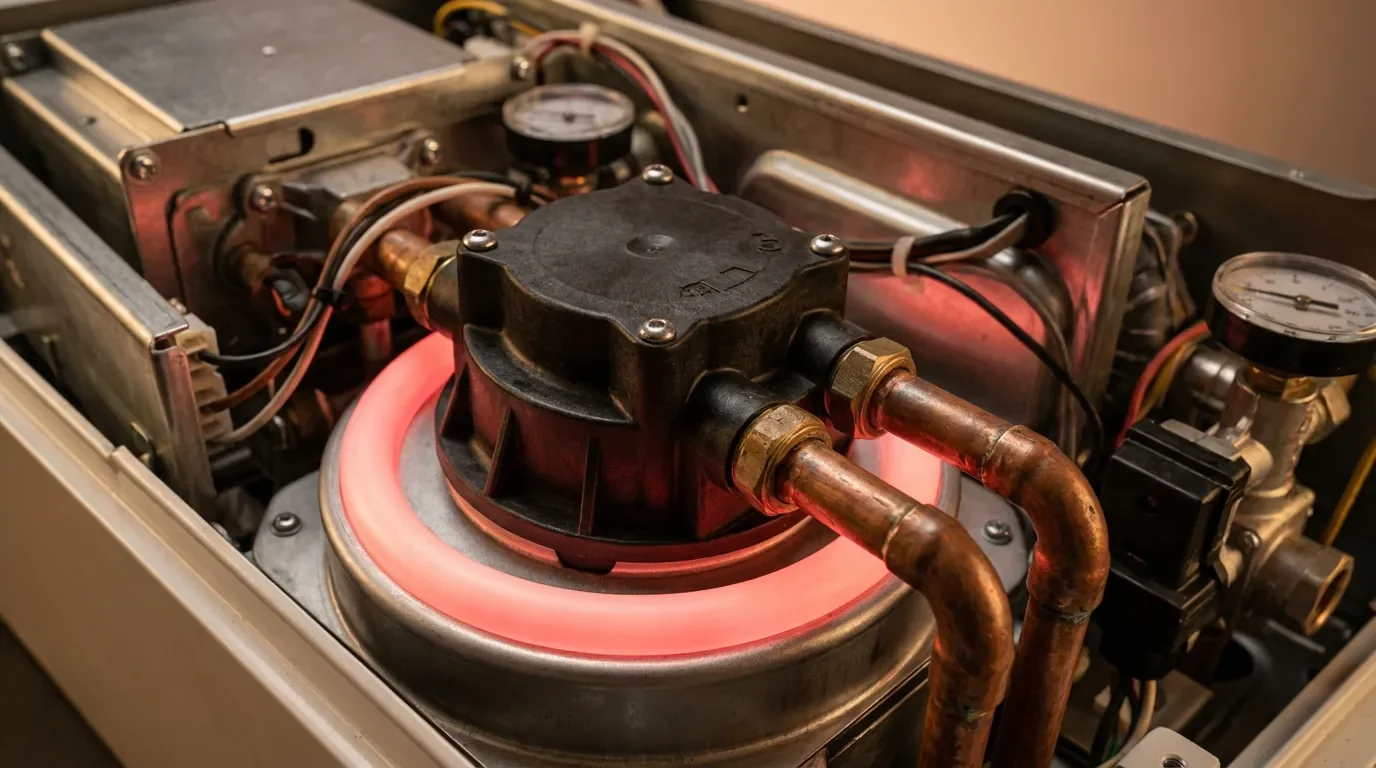 Vue intérieure d'une chaudière gaz ouverte avec la vanne 3 voies entourée en rouge pour identification.