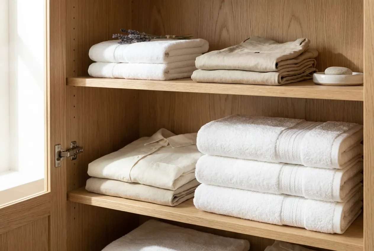 Dressing dans la salle de bain : 5 règles anti-moisissure - Dressing salle de bain : le guide ultime sans humidité - Dressing en salle de bain : comment éviter les moisissures ? Gros plan sur des vêtements et serviettes bien rangés dans un meuble en bois clair.