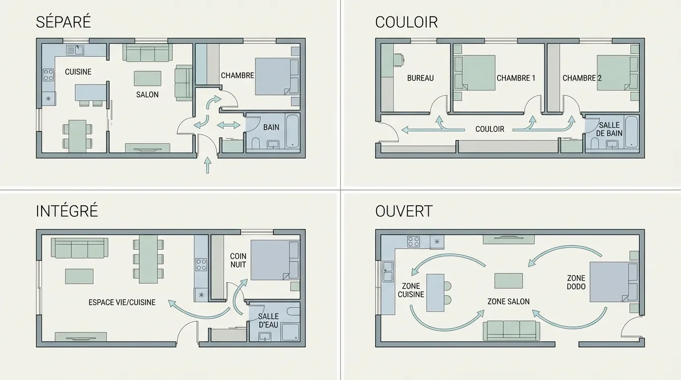 Plan d'architecte montrant quatre configurations d'implantation pour un dressing de salle de bain.