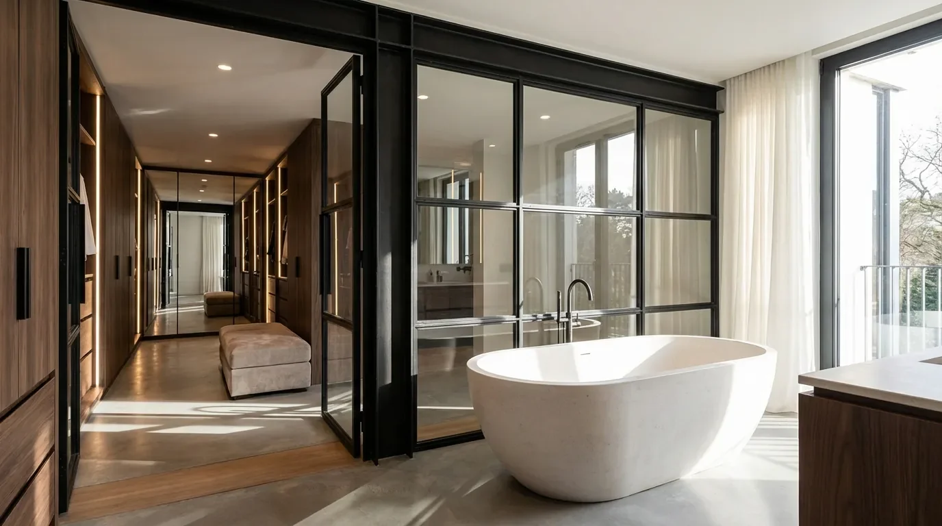 Suite parentale moderne avec baignoire îlot et dressing séparés par une verrière noire industrielle.
