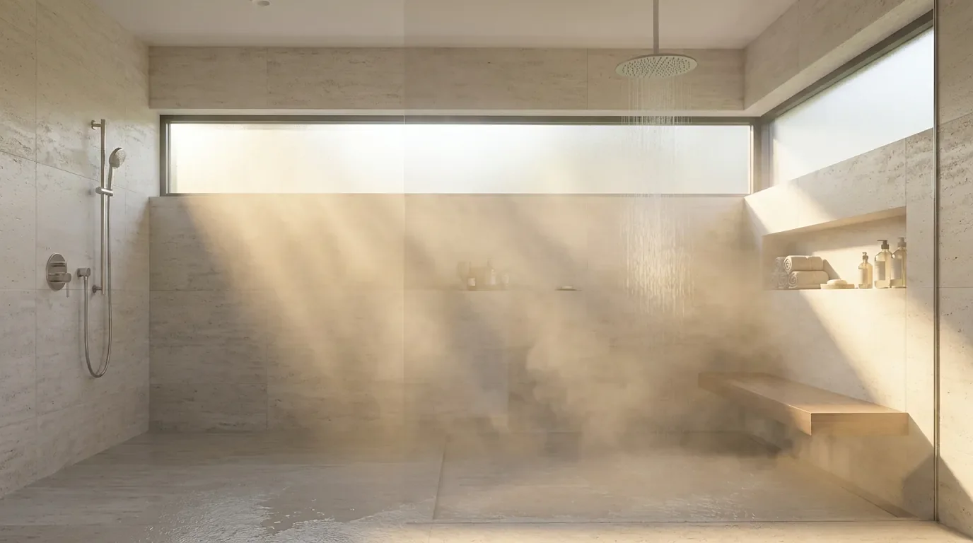 Douche à l'italienne moderne et lumineuse avec fenêtre bandeau haute style spa