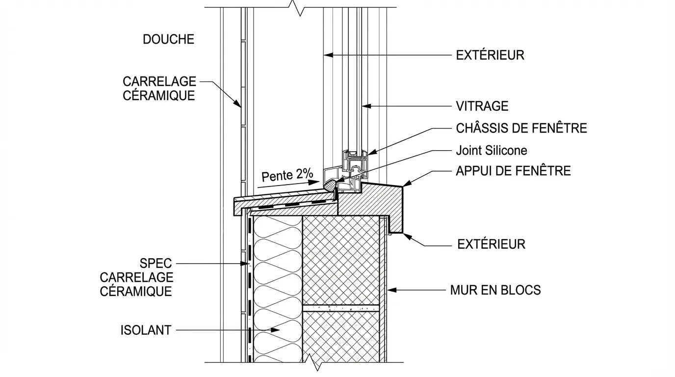 Schéma technique d'étanchéité de fenêtre de douche avec pente et SPEC