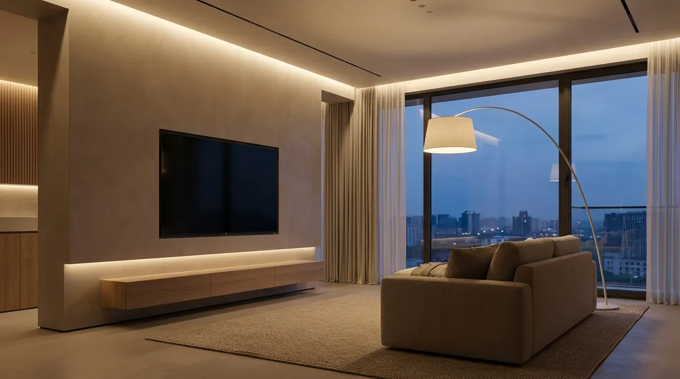 Salon moderne avec une télévision fixée au mur sans aucun câble visible