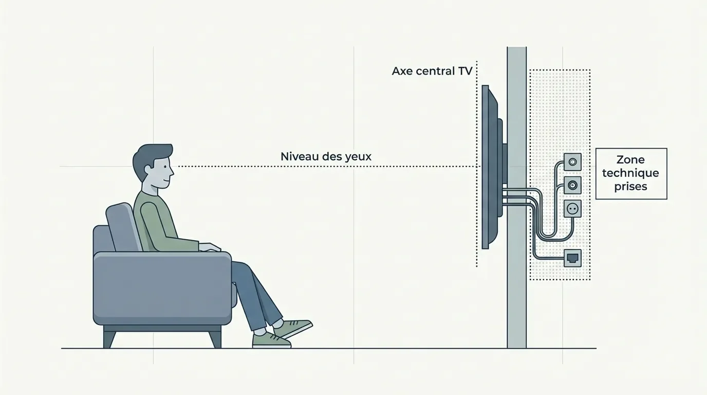 Schéma technique de calcul pour la hauteur d'une TV murale