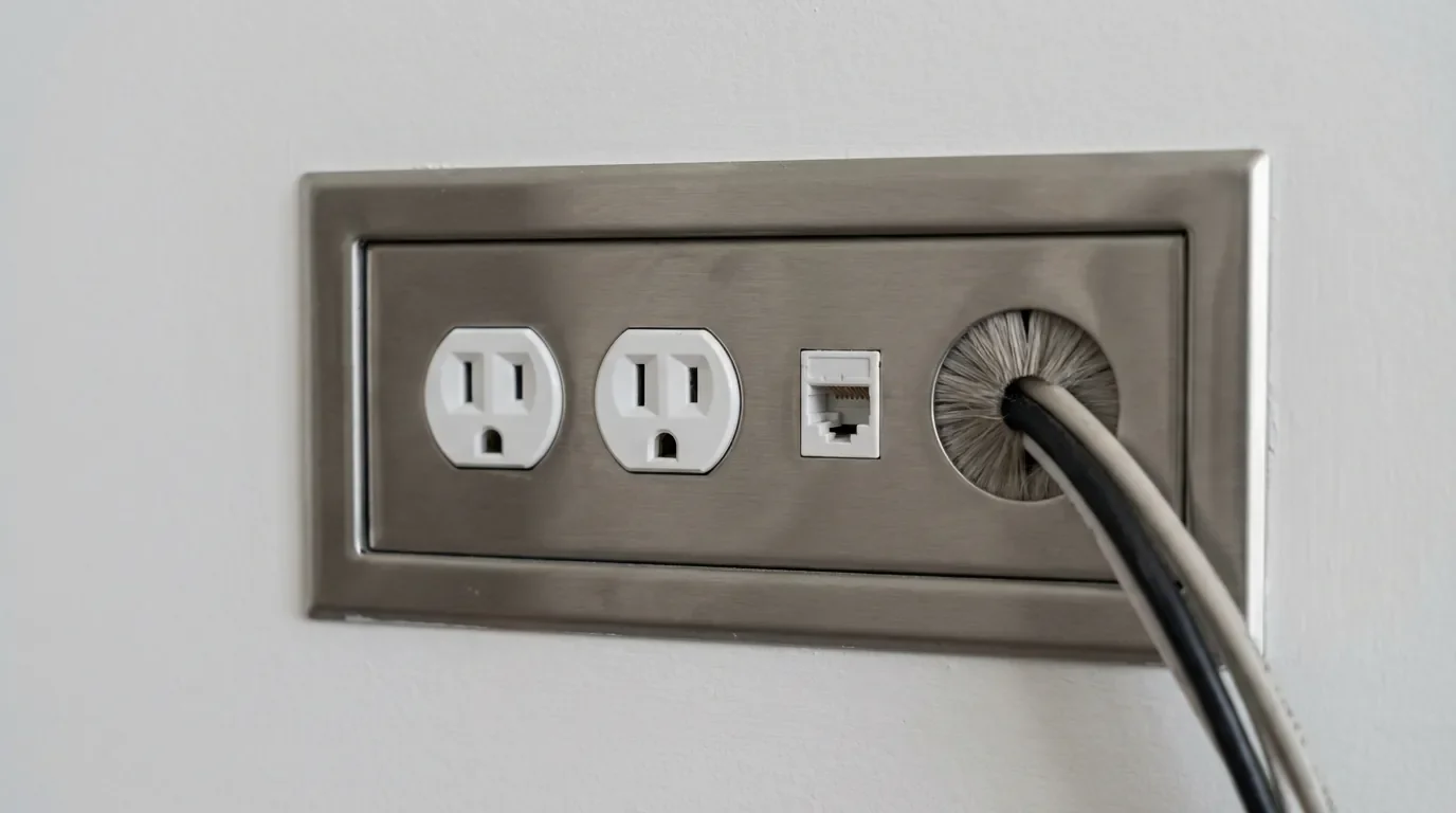 Zoom sur un bloc de prises murales avec RJ45 derrière une TV