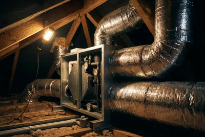 Détail technique d'une VMC double flux et son réseau de gaines isolées.