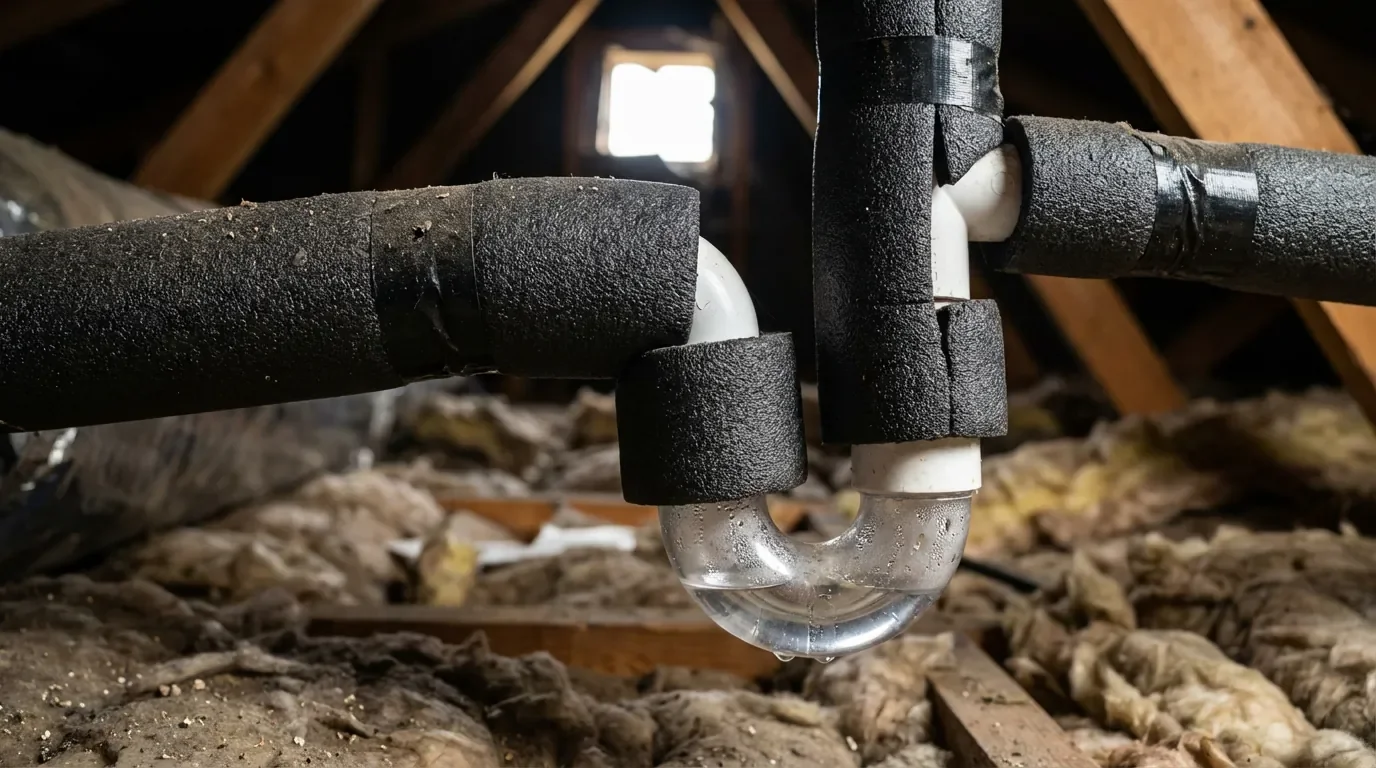 Focus sur l'isolation thermique du tuyau d'évacuation des condensats et du siphon.