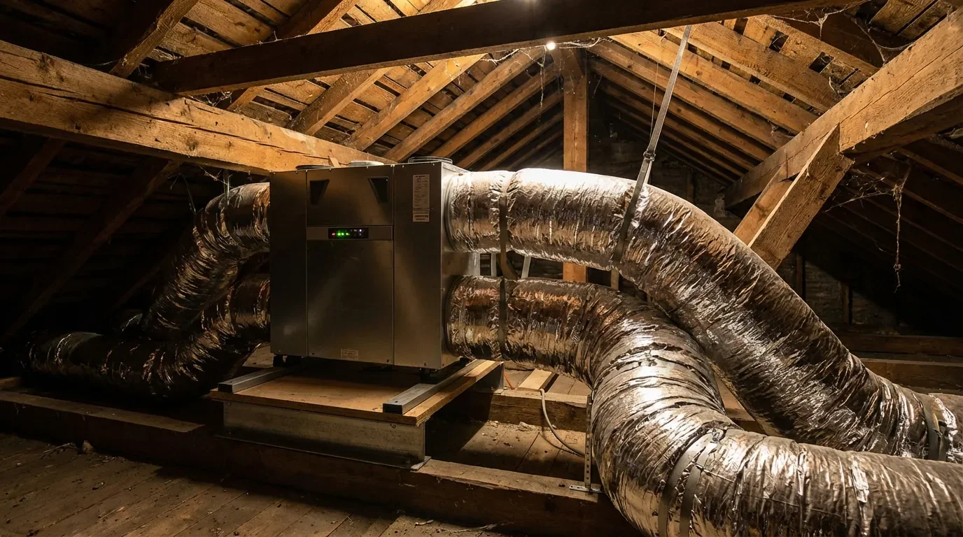 Installation professionnelle d'une VMC double flux dans un grenier avec gaines isolées en aluminium.