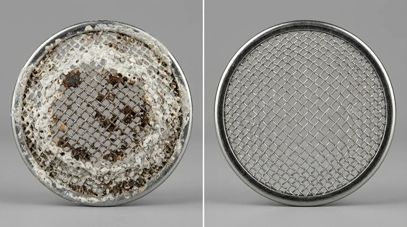 Détartrage du filtre du robinet flotteur Comparaison entre un filtre de WC entartré et un filtre propre