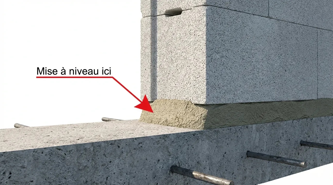 Schéma technique de la pose du premier rang de Siporex avec arase de mortier