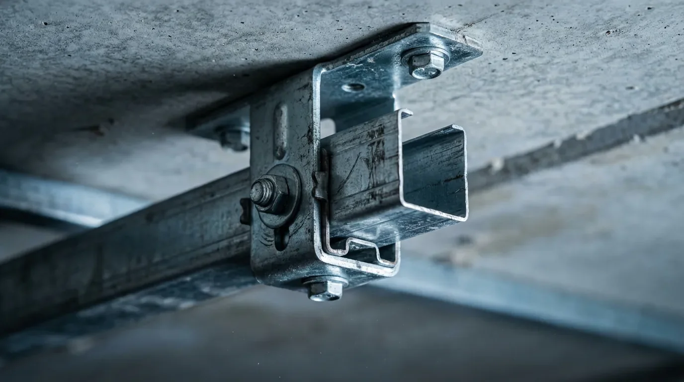 Gros plan sur une suspente courte fixée au béton pour gain de place sous plafond.
