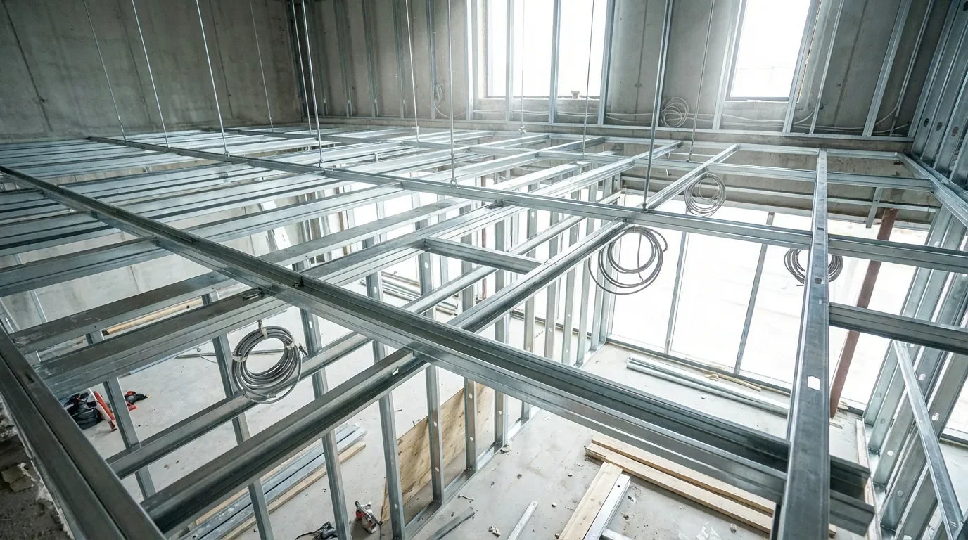 Ossature métallique de plafond installée et prête pour la pose de plaques de plâtre.