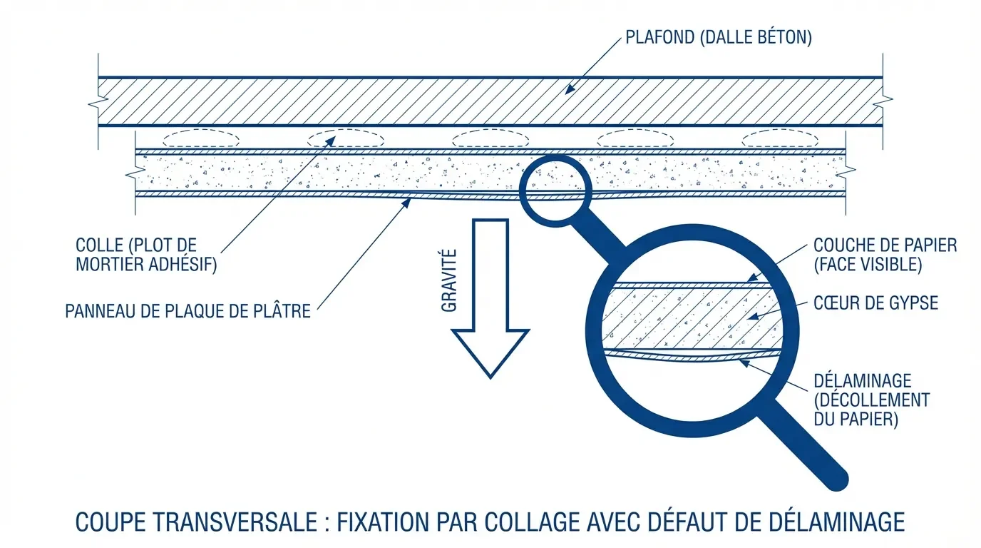 Schéma technique montrant le délaminage et la chute d'une plaque de plâtre collée au plafond.