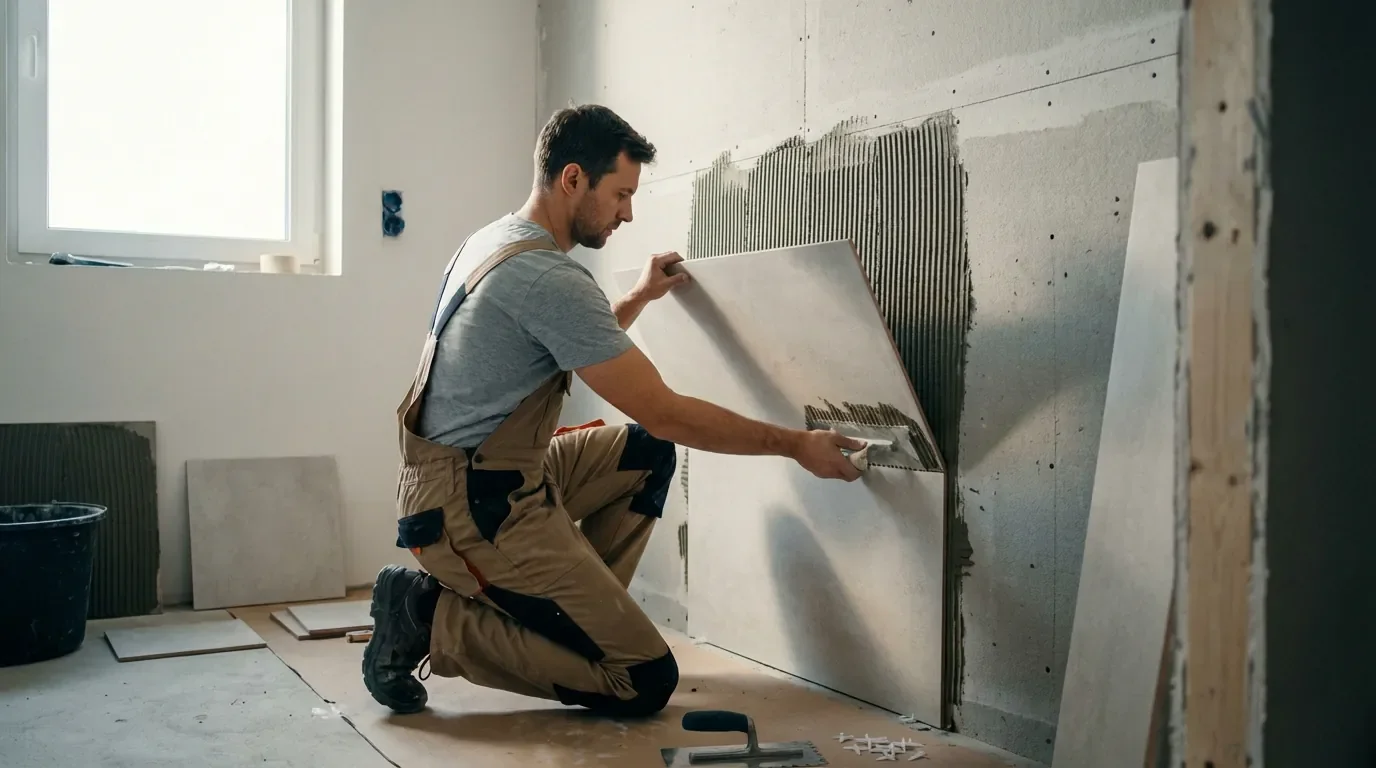 Artisan carreleur appliquant la technique du double encollage pour un carreau 30x60 sur un mur de salle de bain.