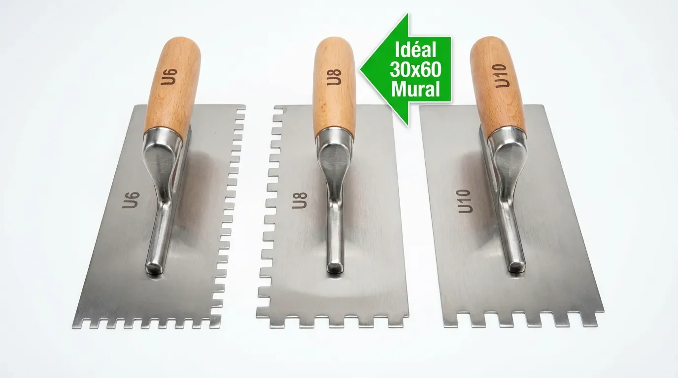 Comparaison des tailles de peignes U6, U8 et U10 pour le carrelage mural avec recommandation U8.
