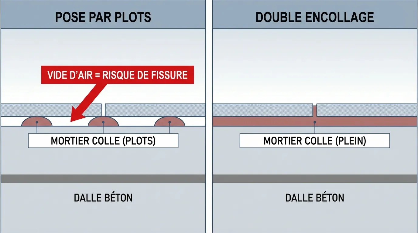 Schéma technique comparatif entre la pose par plots et le double encollage montrant les risques de fissures.