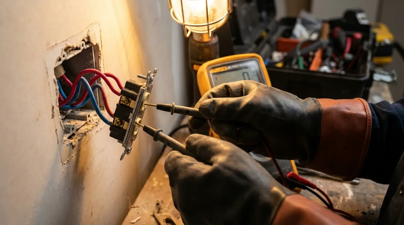 Électricien professionnel utilisant un multimètre sur une prise électrique ouverte avec fils apparents.