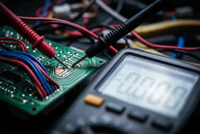 Gros plan technique d'un multimètre testant les fils d'une prise électrique.