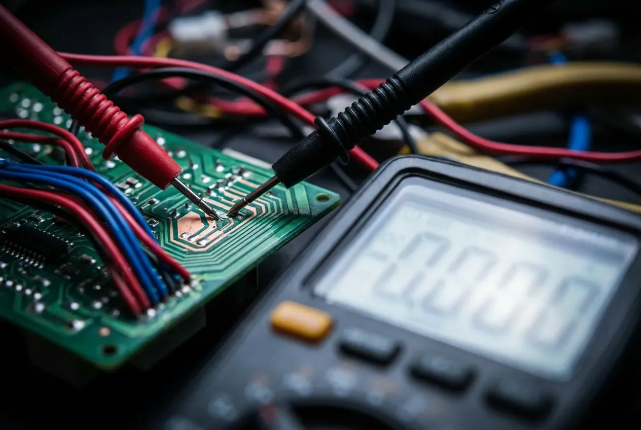 Gros plan technique d'un multimètre testant les fils d'une prise électrique.