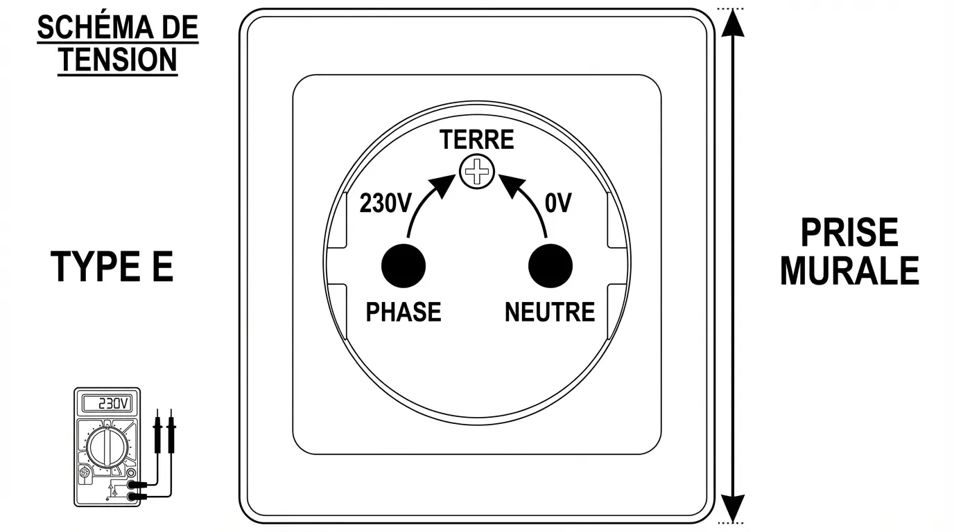 Schéma des mesures de tension au multimètre sur les bornes d'une prise murale.
