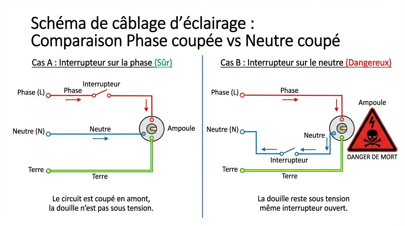 Schéma illustrant le risque d'électrocution lors du changement d'une ampoule avec neutre coupé.