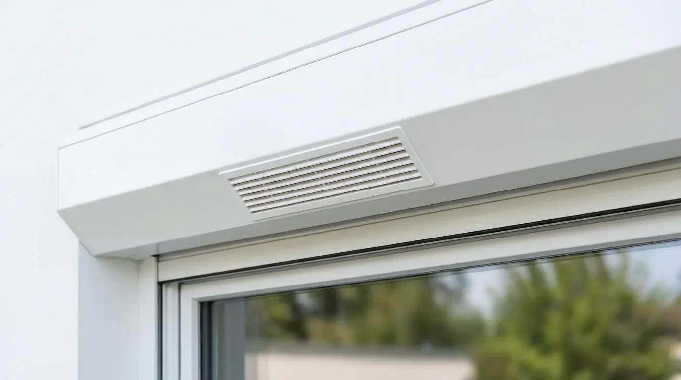 Gros plan d'un coffre de volet roulant en PVC blanc avec une grille d'aération moderne et discrète installée.