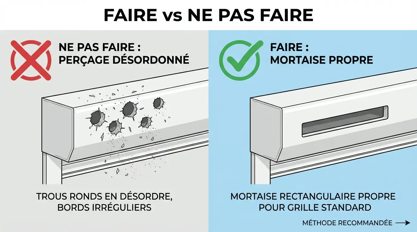 Infographie comparative montrant la différence entre des trous irréguliers et une mortaise propre.
