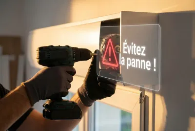 Main tenant une perceuse devant un coffre de volet avec un avertissement de danger.