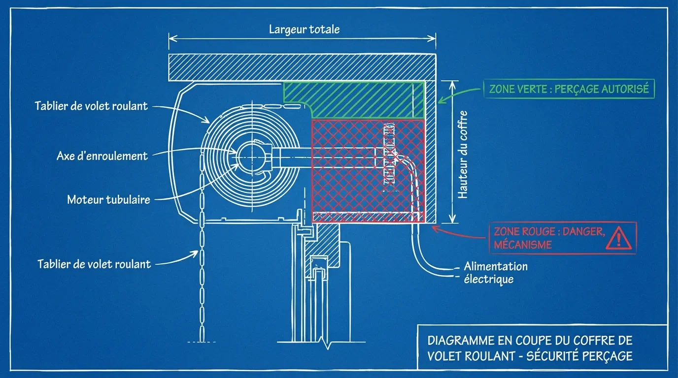 Schéma technique en coupe montrant la zone de sécurité pour percer le coffre de volet sans toucher le moteur.