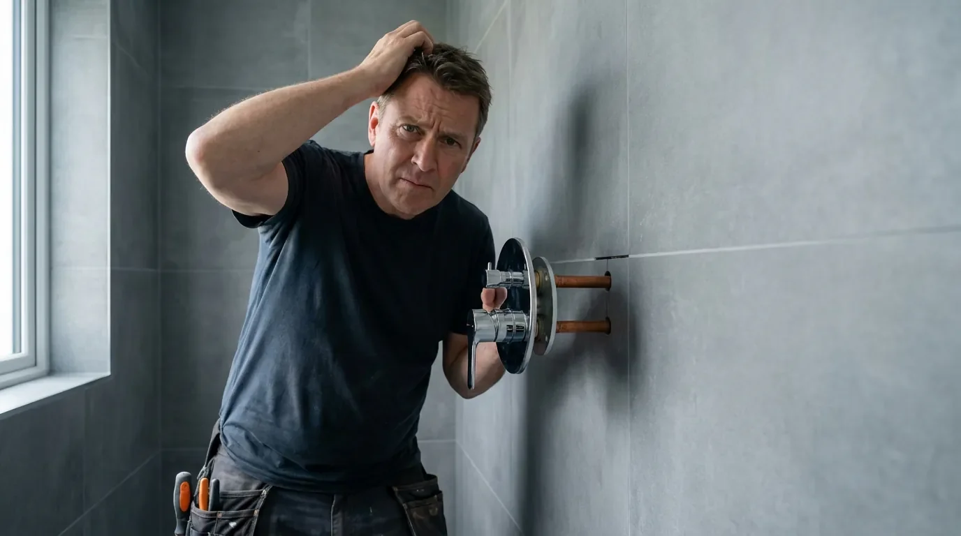 Bricoleur perplexe devant un mitigeur de douche qui ne plaque pas au mur à cause de raccords trop courts.