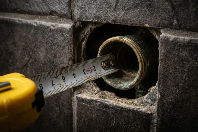 Gros plan sur une sortie de cloison en retrait mesurée avec un mètre.