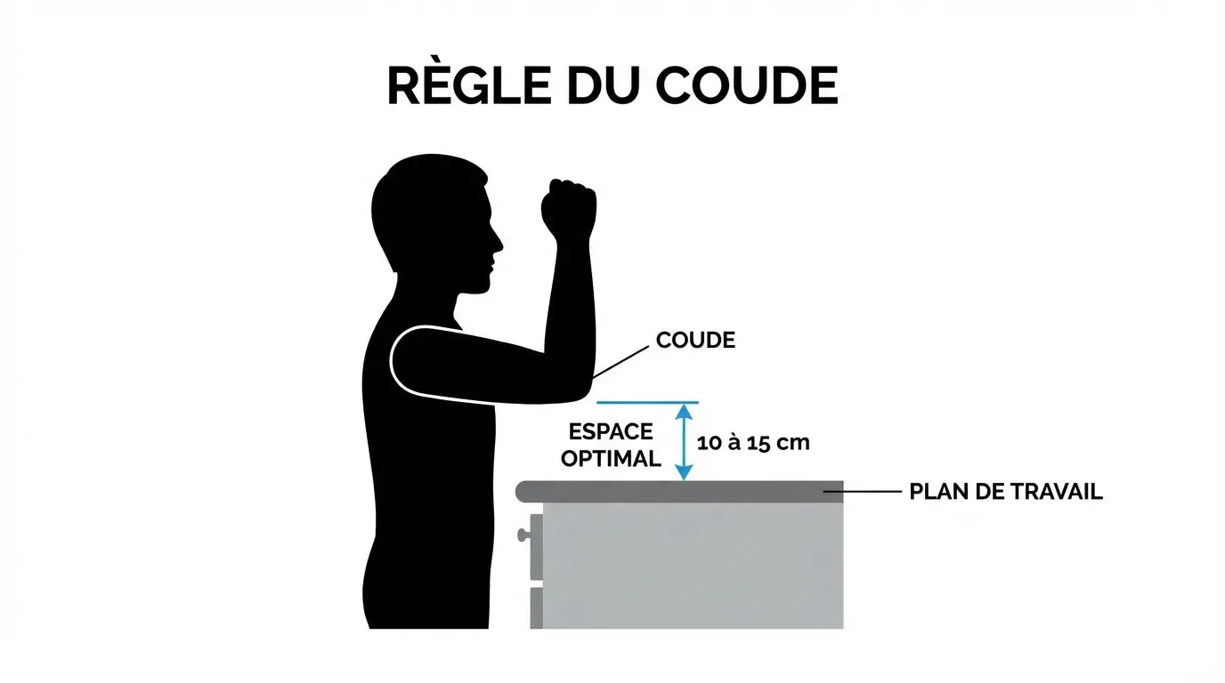 Schéma explicatif de la règle du coude pour mesurer la hauteur idéale d'un plan de travail.